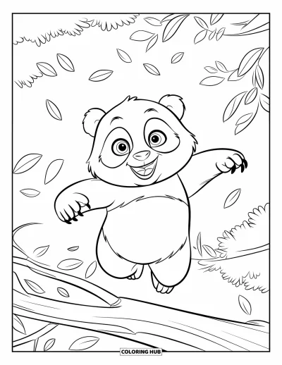 Målarbild med panda för barn: En panda hoppar med stora ögon bland löv i en grön skog