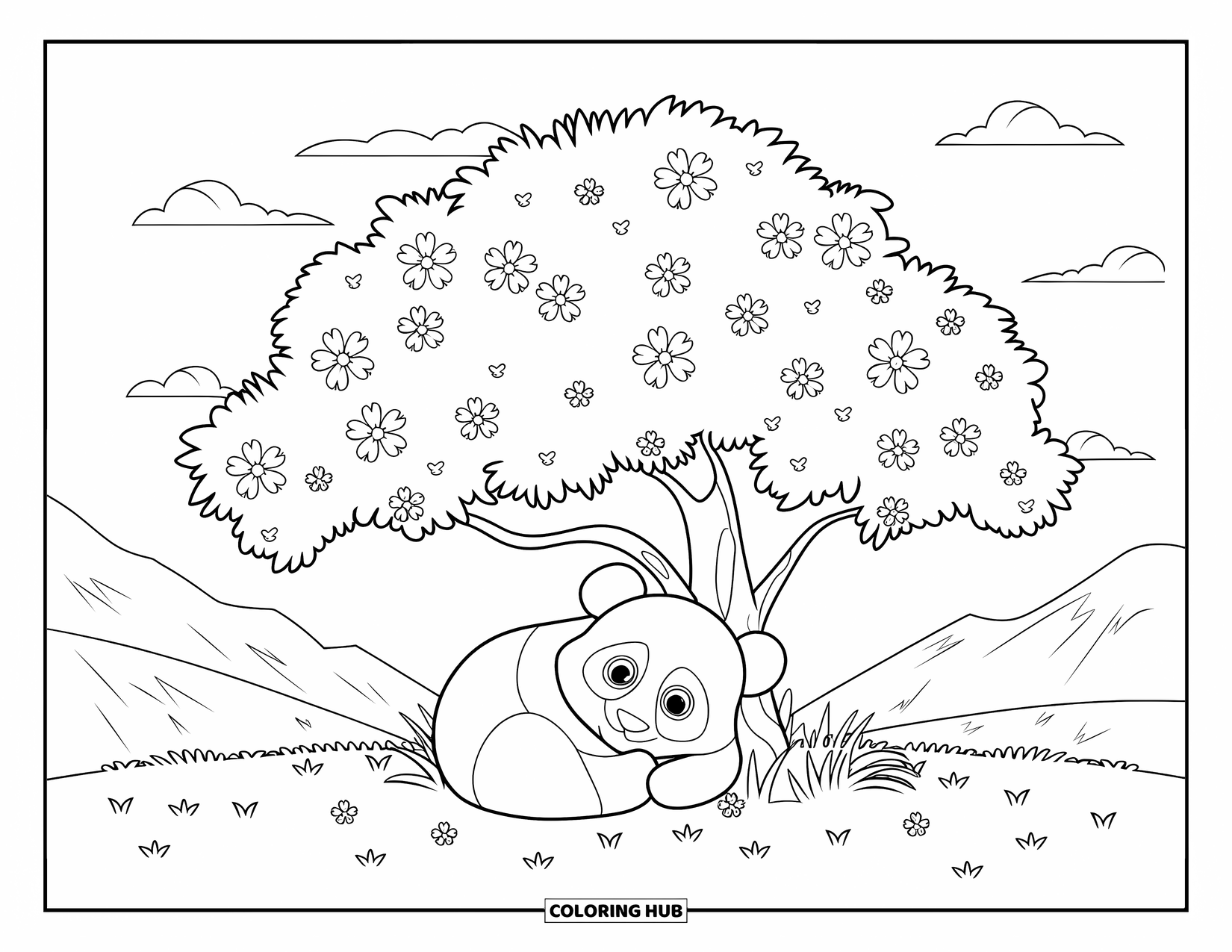 Baby Panda Coloring Page for Kids: Panda naps beneath a blooming cherry tree with clouds and mountain views