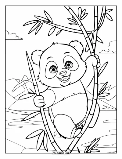 Målarbild med panda för barn: En panda på en bambugren i ett fridfullt landskap med vatten, berg och moln