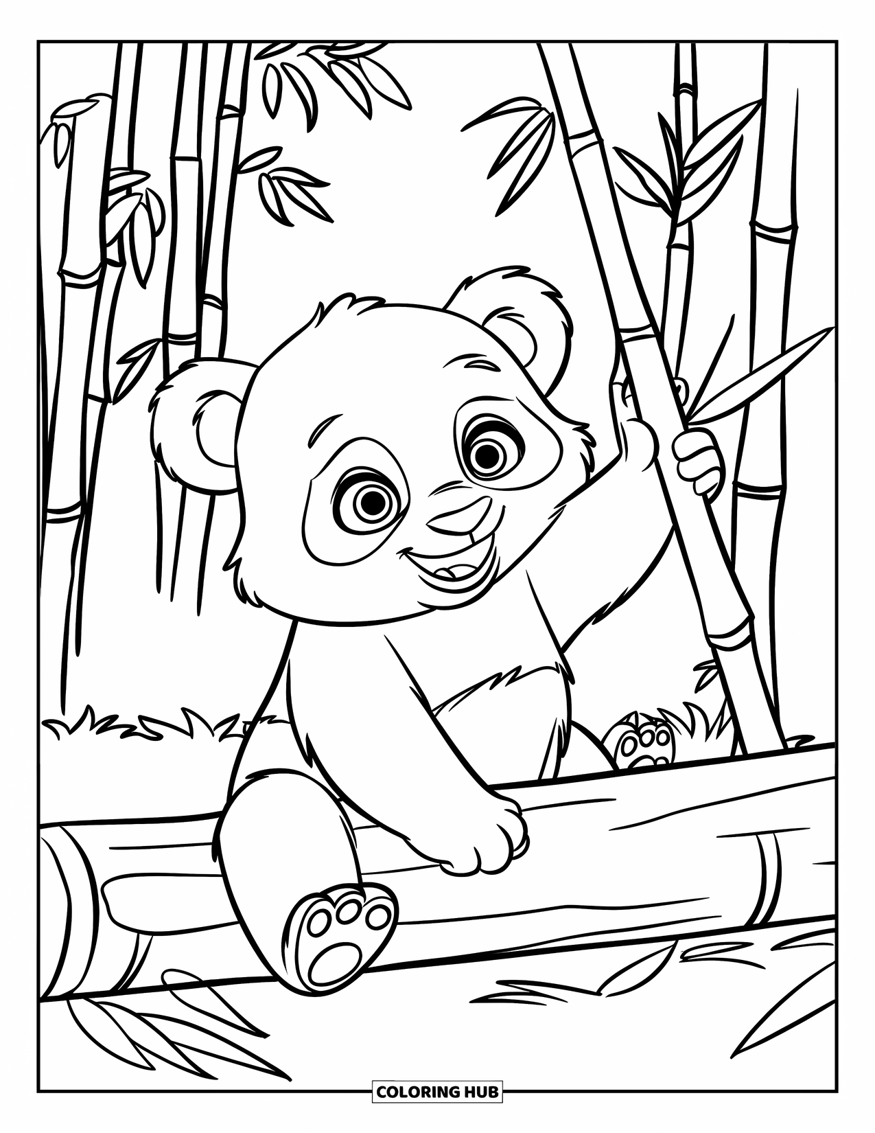 Baby Panda Coloring Page for Kids: Panda on a log plays with bamboo in a peaceful forest