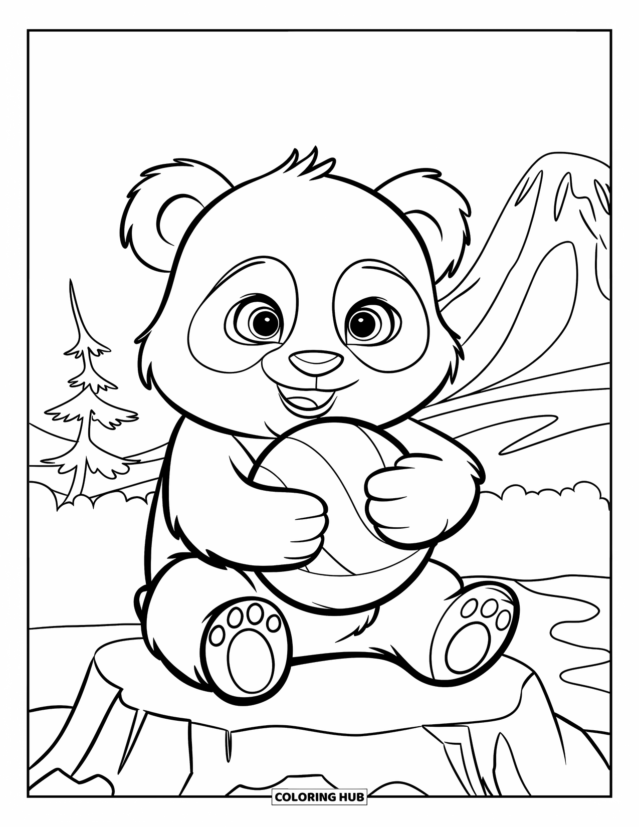 Baby Panda Coloring Page for Kids: Panda on a rock holds a round ball, mountain and trees behind