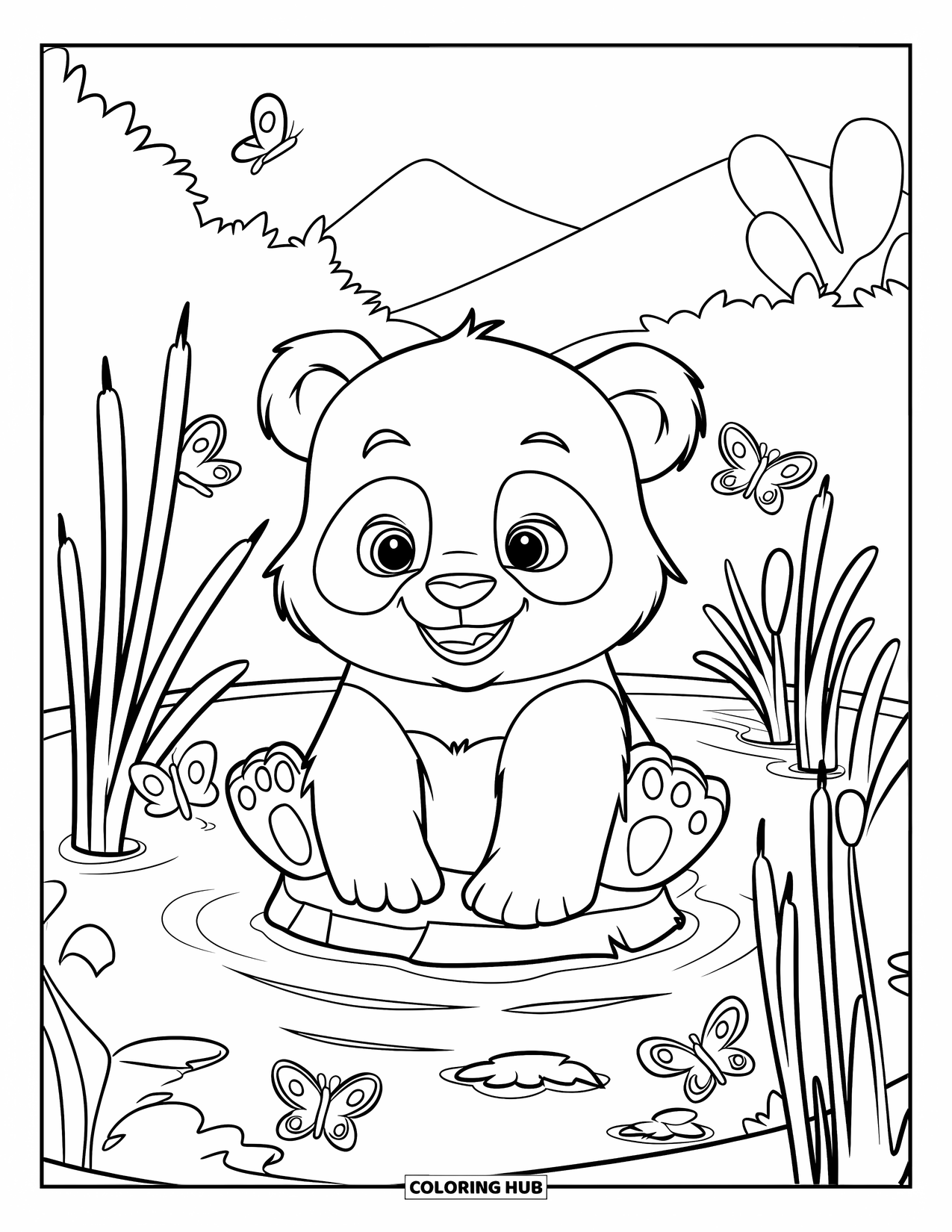 Baby Panda Coloring Page for Kids: Panda on a rock in a pond with butterflies, reeds, mountains, and trees behind