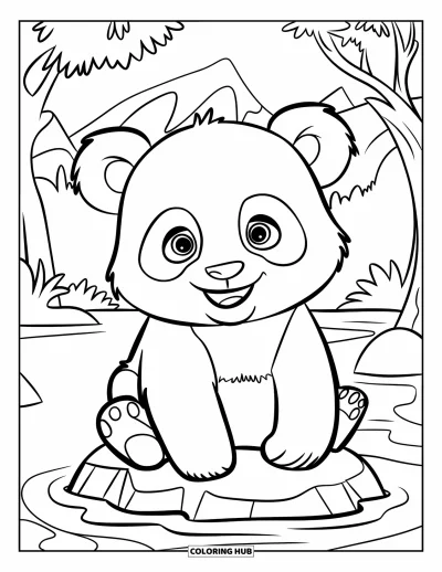 Målarbild med panda för barn: En panda på en sten i vatten, omgiven av träd och berg, enkel layout