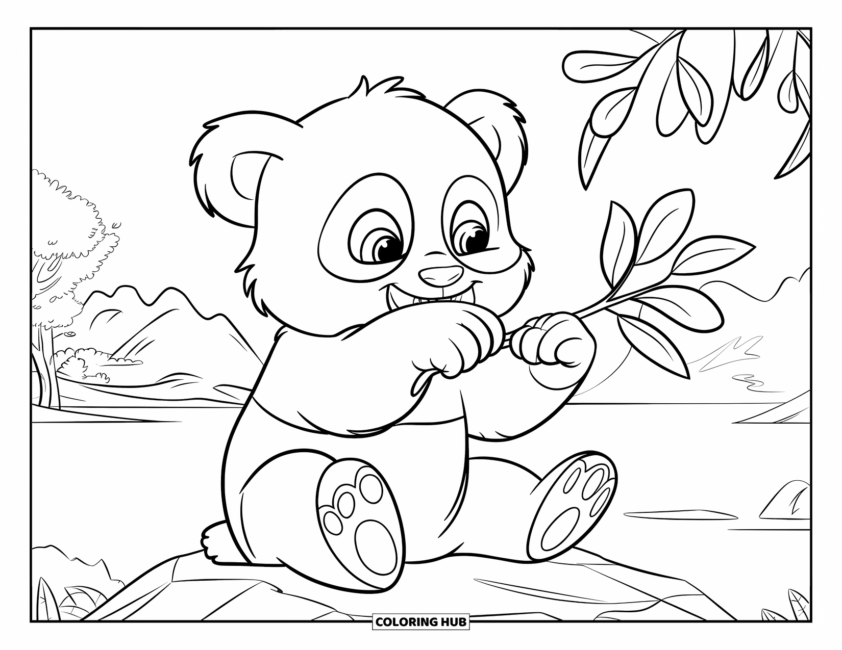 Baby Panda Coloring Page for Kids: Panda on a rock uses a stick to move eucalyptus leaves with mountain backdrop