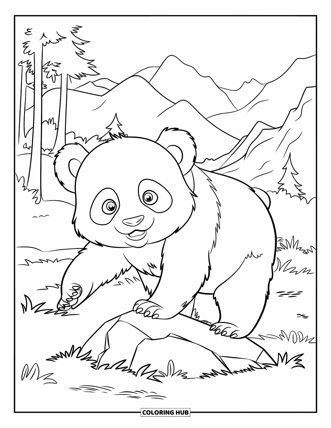 Baby Panda Coloring Page for Kids: Panda on a rock with tall trees and misty mountain backdrop