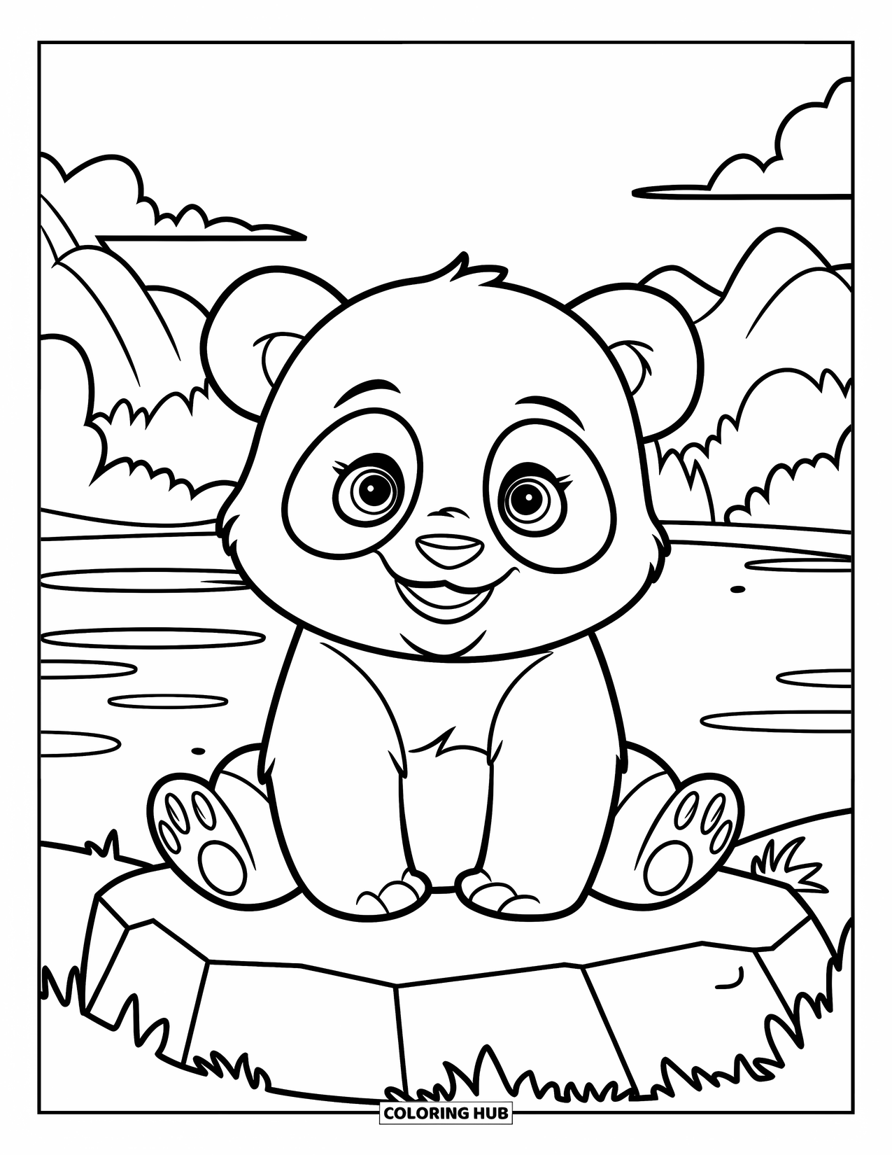 Baby Panda Coloring Page for Kids: Panda on rock beside a lake with mountains and cloud-filled sky, for preschoolers