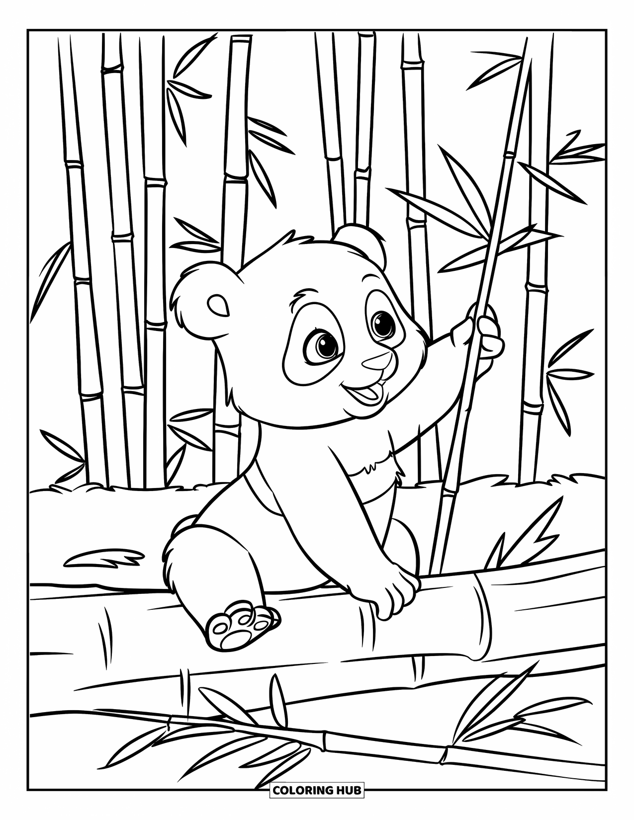 Baby Panda Coloring Page for Kids: Panda plays among bamboo stalks beside a fallen forest log