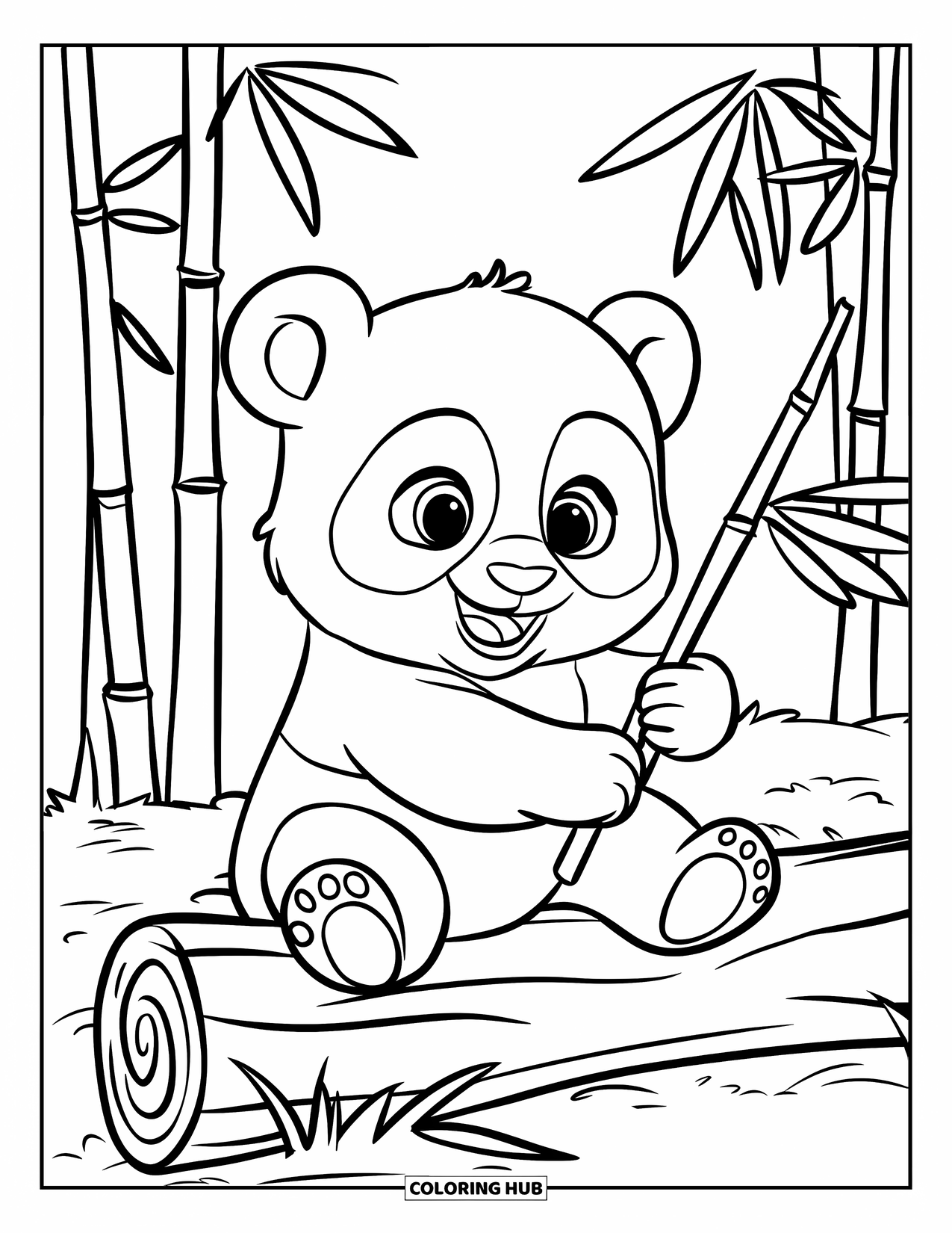 Baby Panda Coloring Page for Kids: Panda plays in a bamboo field sitting on a fallen log