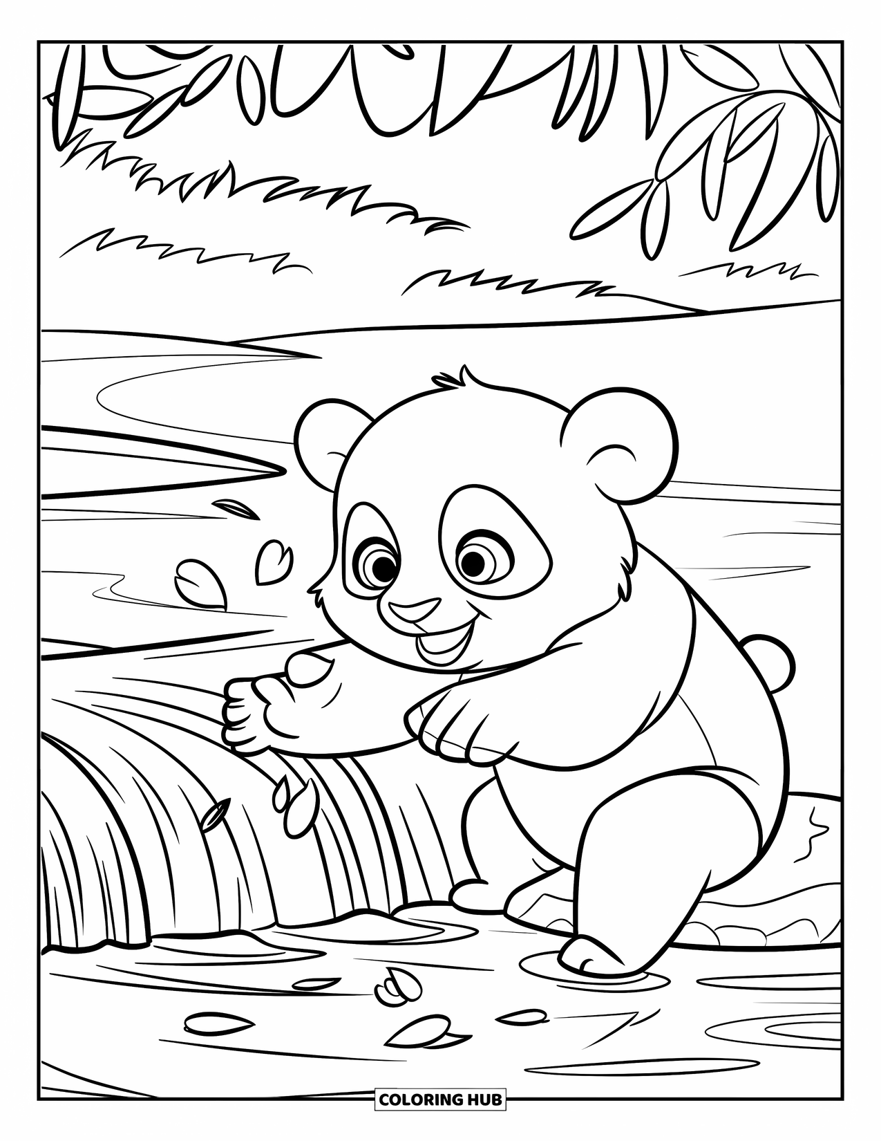 Baby Panda Coloring Page for Kids: Panda plays with petals on a rock near a quiet waterfall
