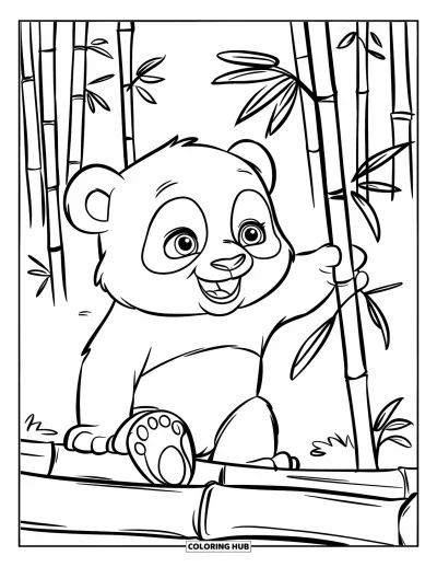 Målarbild med panda för barn: En panda sträcker sig efter bambu medan den sitter på en stock i skogen