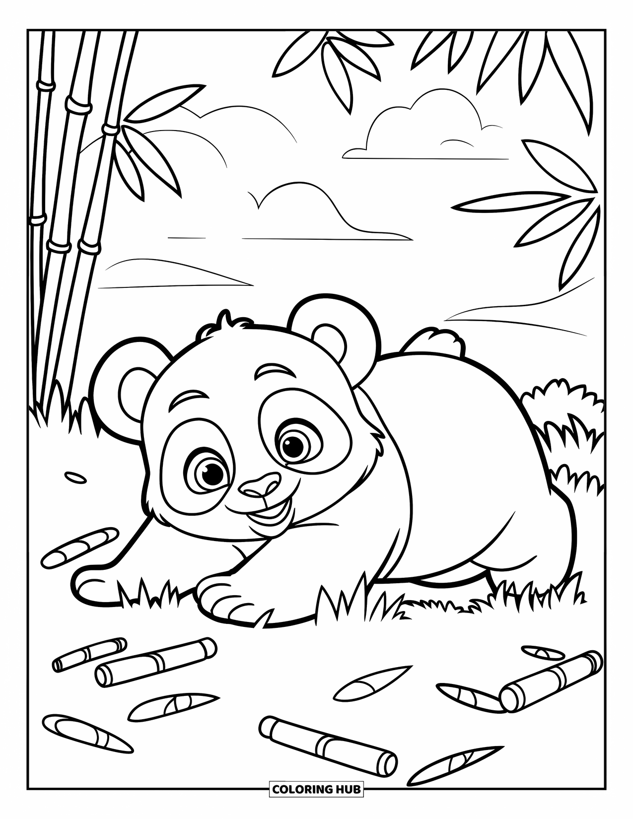 Baby Panda Coloring Page for Kids: Panda rolls on grass as bamboo falls gently around