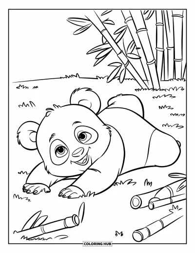 Målarbild med panda för barn: En panda rullar lekfullt på gräs med bambu som välter intill