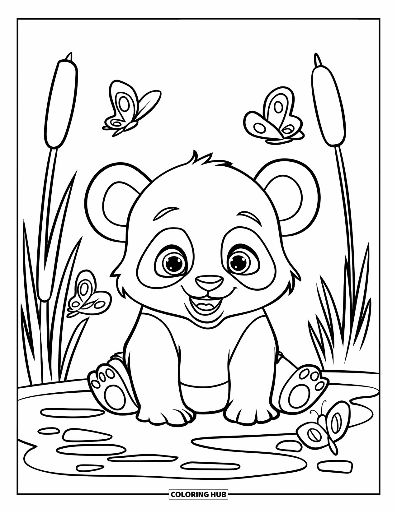 Baby Panda Coloring Page for Kids: Panda sits near a pond with reeds and butterflies, framed by bold outlines