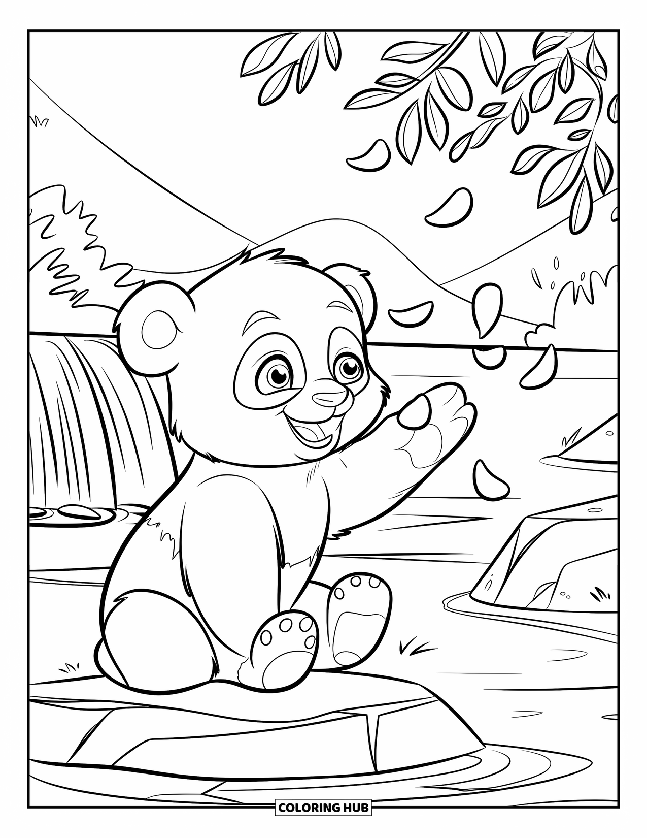 Baby Panda Coloring Page for Kids: Panda sits on a rock as petals fall near mountains and trees