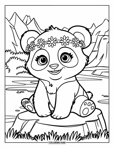 Målarbild med panda för barn: En panda sitter på en sten med en prästkragekrans
