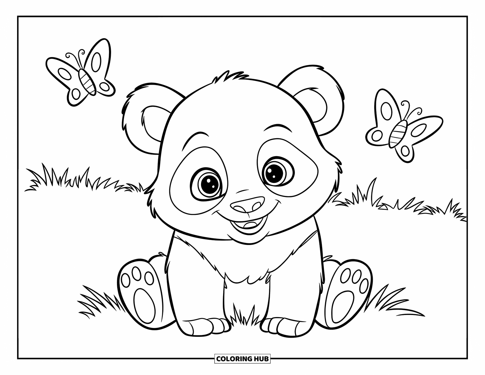 Baby Panda Coloring Page for Kids: Panda sits on green grass with butterflies above, outlined cleanly for kids