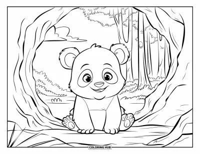 Målarbild med panda för barn: En panda sitter nära en grottkant med träd, himmel och mjuk skogsvy