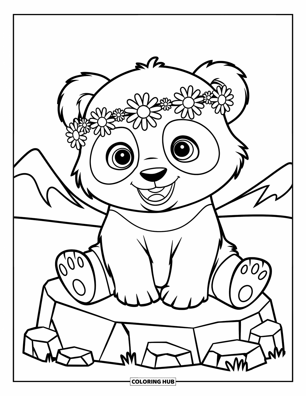 Baby Panda Coloring Page for Kids: Panda wears a flower crown in front of mountains