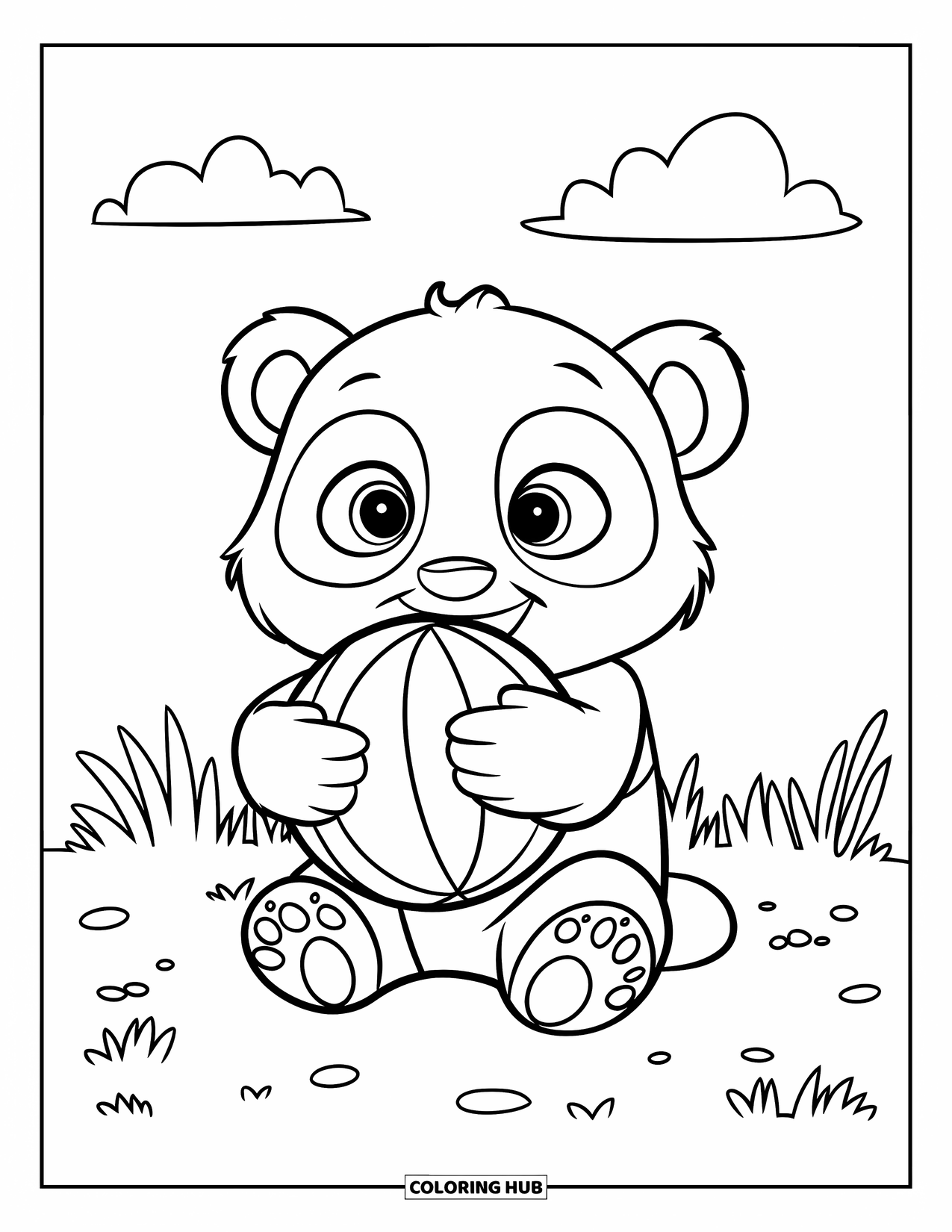 Baby Panda Coloring Page for Kids: Panda with ball on grassy field, stones below and fluffy clouds above