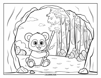 Målarbild med panda för barn: En panda med bambu i en lövrik skog sedd inifrån en stengrotta