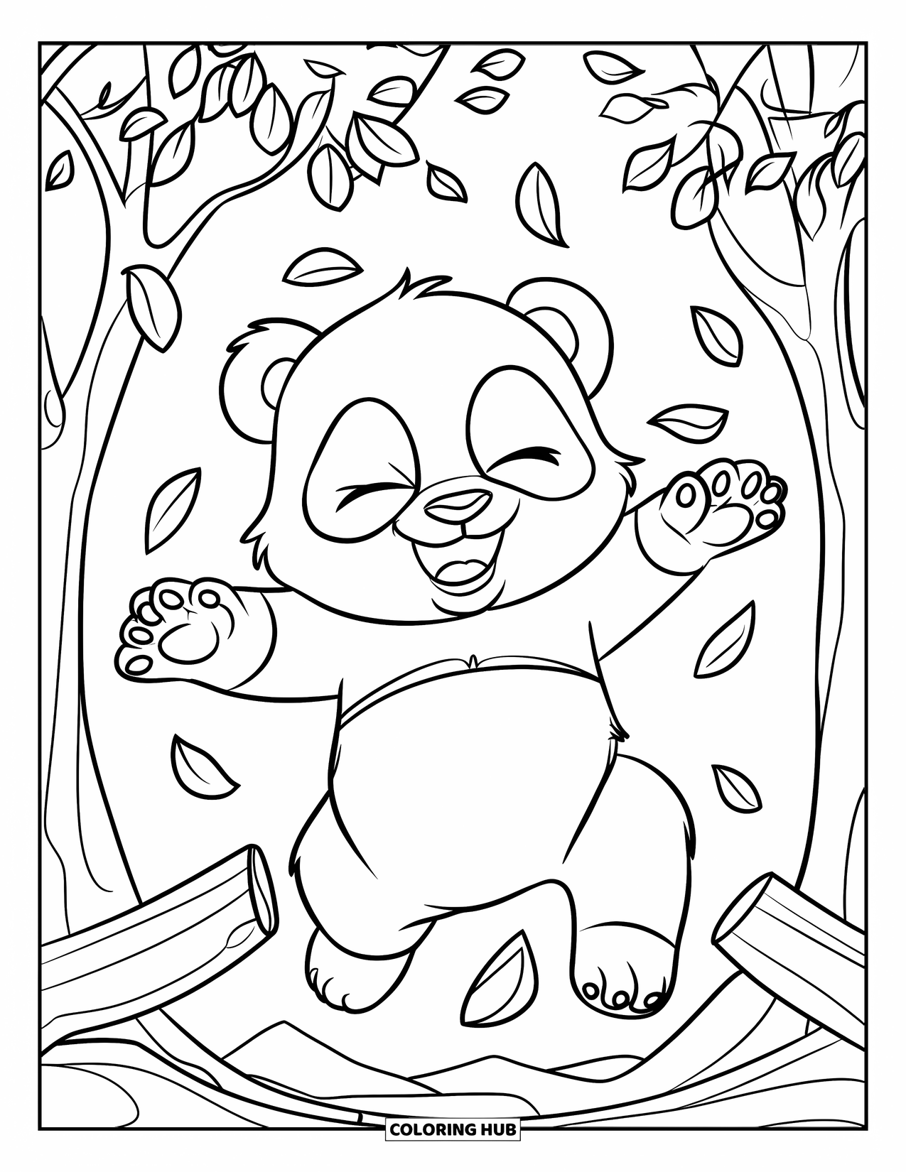 Baby Panda Coloring Page for Kids: Panda with closed eyes jumps through trees and fluttering leaves