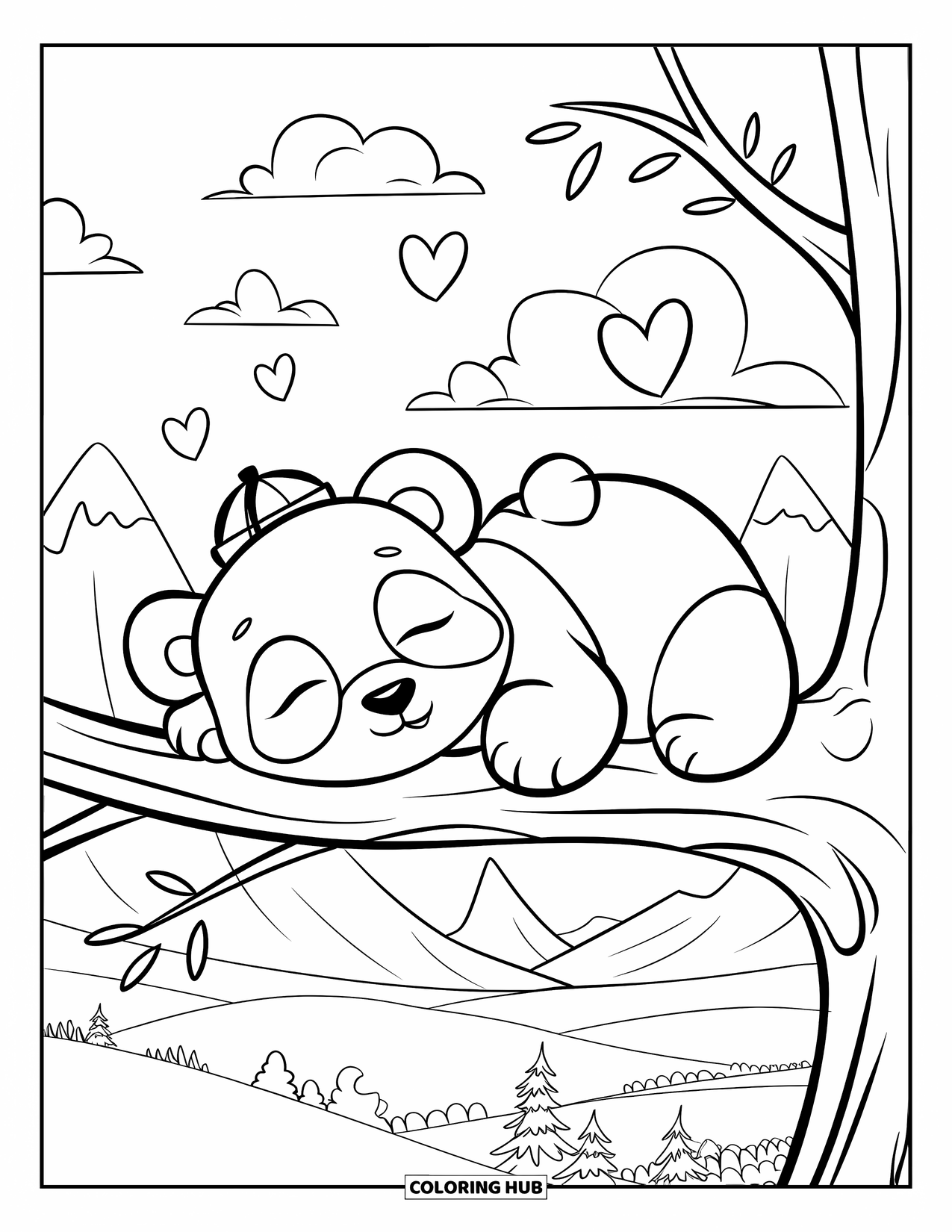 Baby Panda Coloring Page for Kids: Panda with tiny hat sleeps on branch with floating hearts and peaceful background