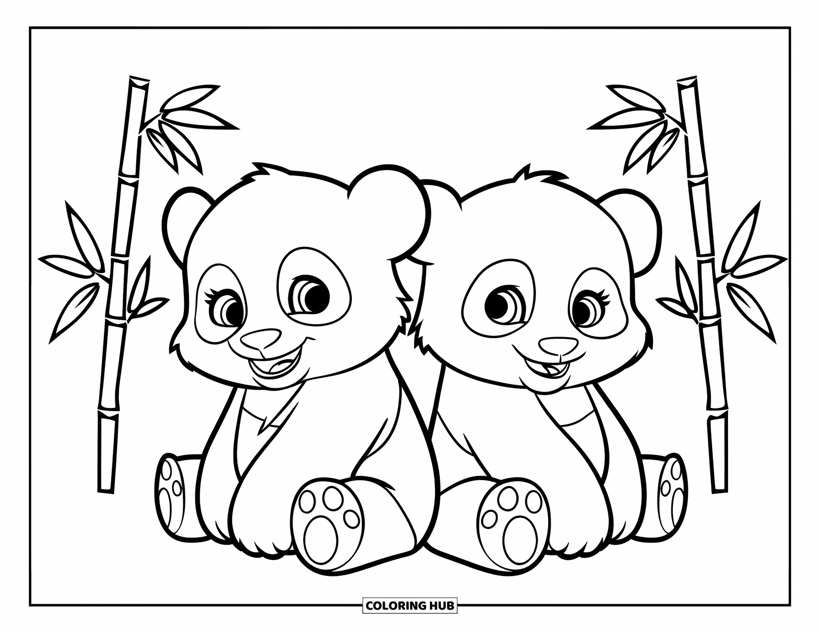 Baby Panda Coloring Page for Kids: Twin pandas sit back-to-back with leafy bamboo nearby