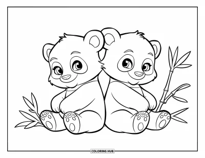 Målarbild med panda för barn: Två pandor sitter rygg mot rygg med bambublad runt om