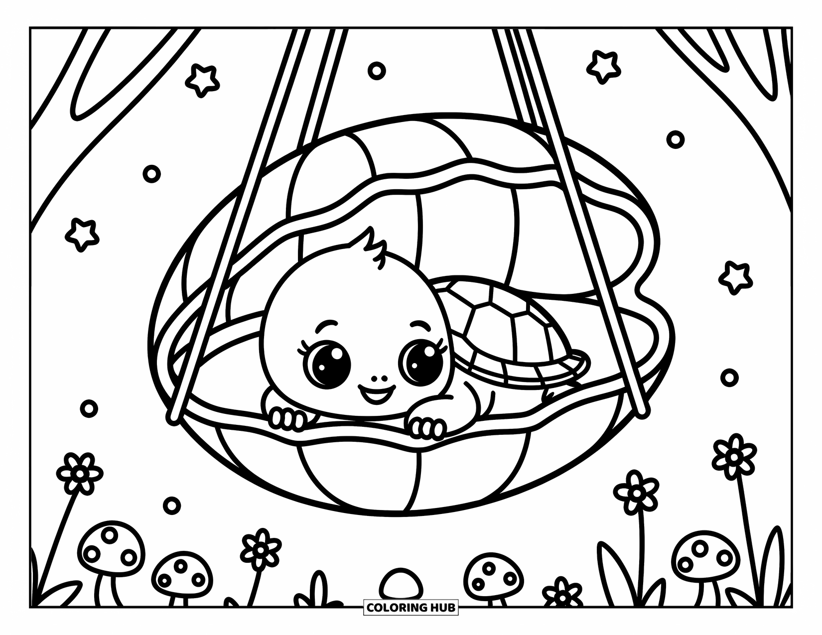 Baby Turtle Coloring Page for Adults: A baby turtle curls up in a hanging shell hammock with flowers and mushrooms around