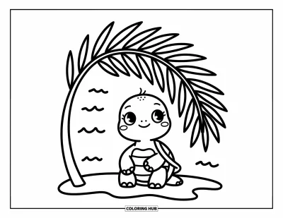 Kis teknős kifestő felnőtteknek: Egy kis teknős pálmalevél alatt tekint fel, körülötte puha homok és kagylók