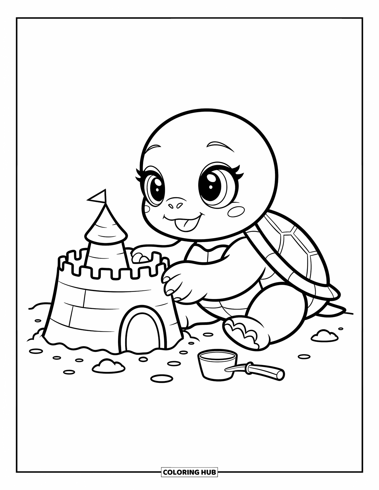 Baby Turtle Coloring Page for Adults: A baby turtle happily shapes a castle in the sand with tiny tools beside it
