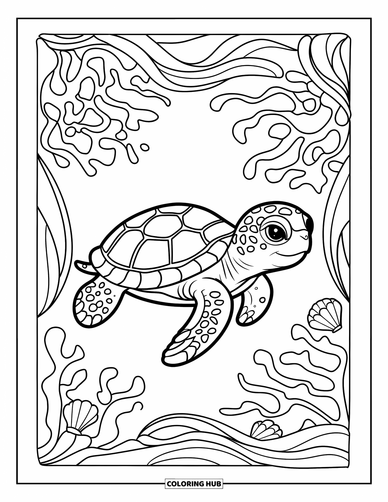 Baby Turtle Coloring Page for Adults: A baby turtle is framed by stained-glass sea patterns with coral and shells