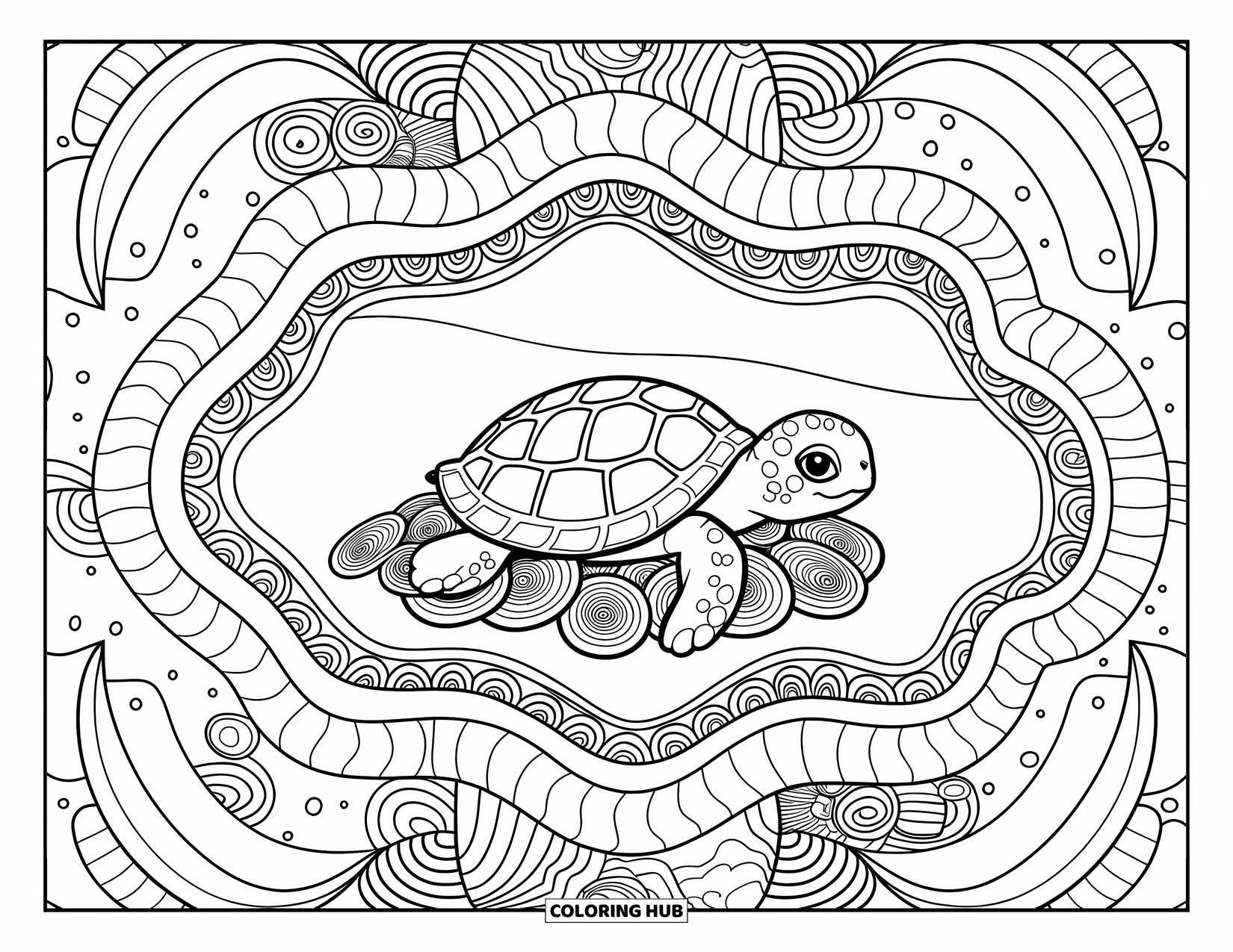 Baby Turtle Coloring Page for Adults: A baby turtle rests on seashells within layered mandala shapes on a sandy beach