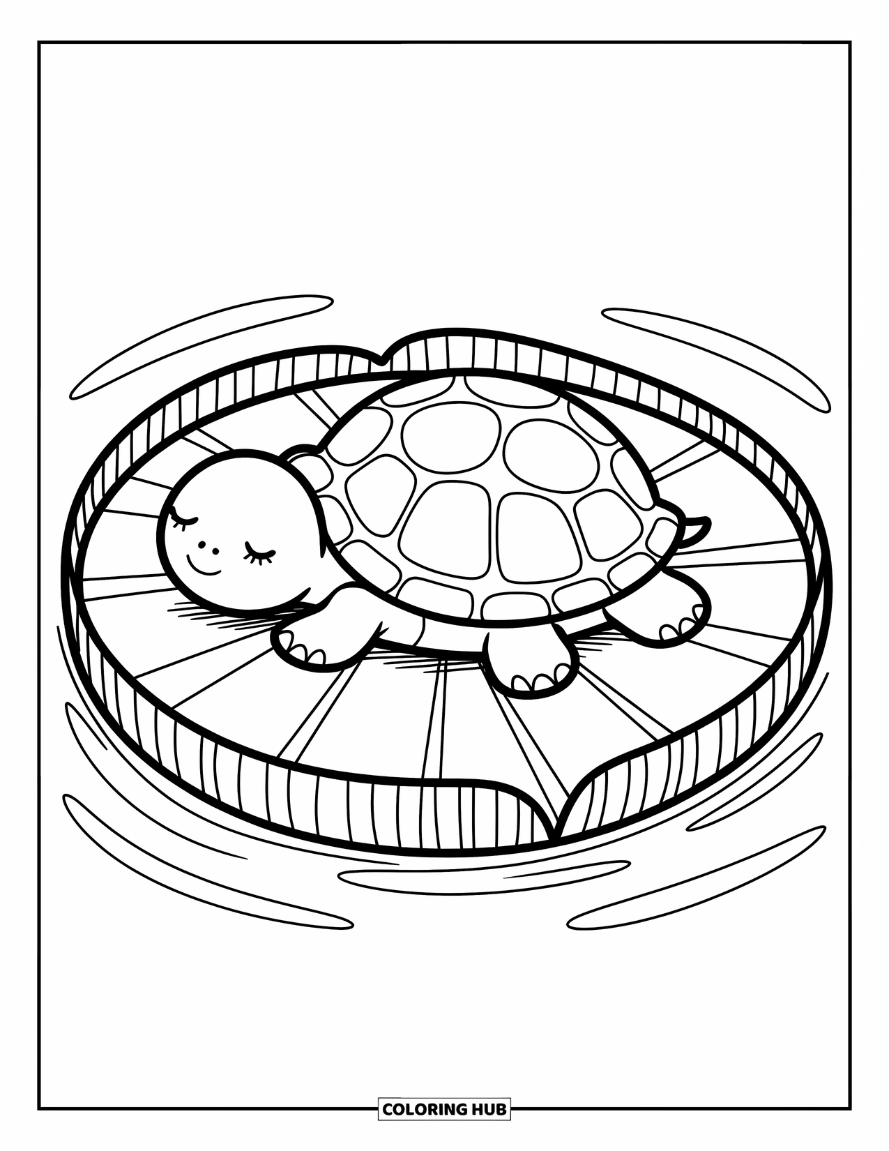 Baby Turtle Coloring Page for Adults: A baby turtle sleeps on its back on a big lily pad in calm water