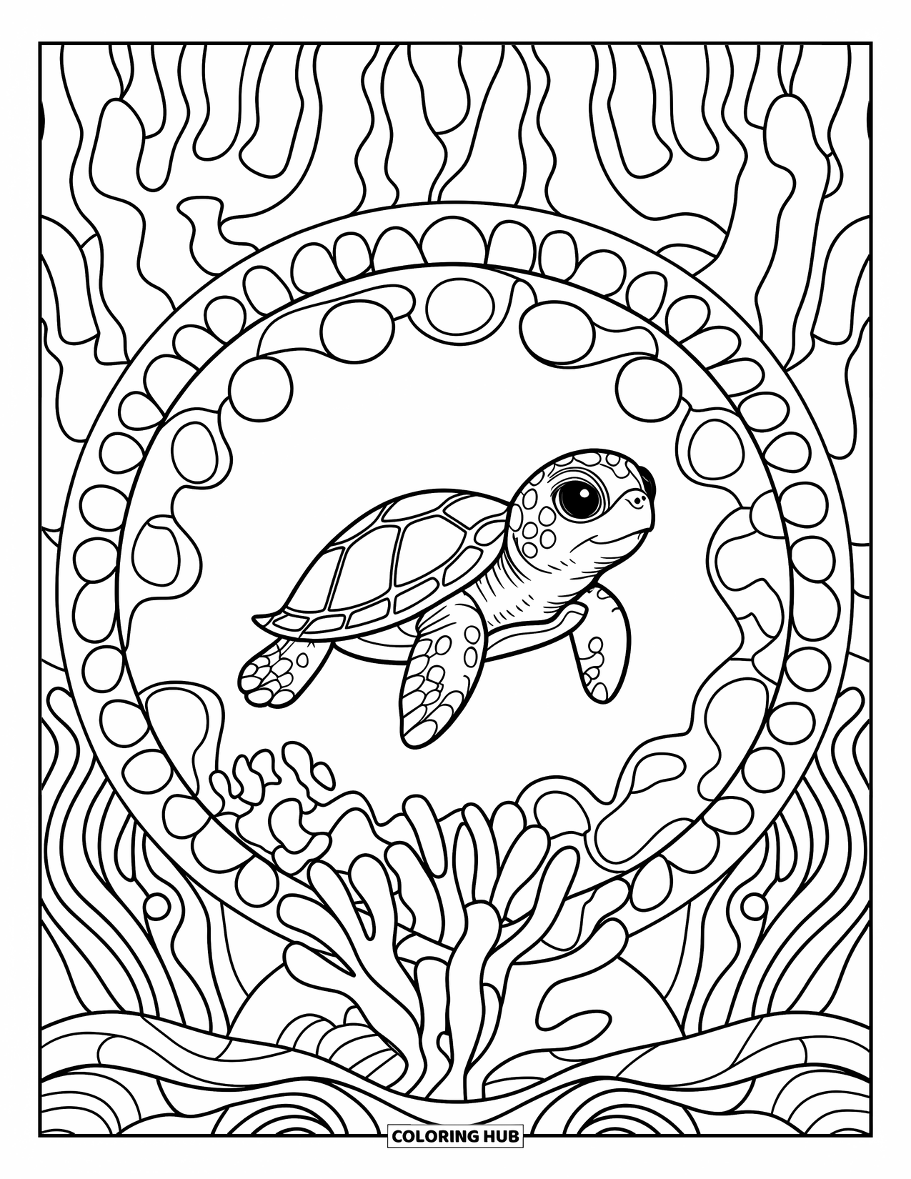 Baby Turtle Coloring Page for Adults: A turtle is surrounded by coral and shells in an intricate stained-glass sea design