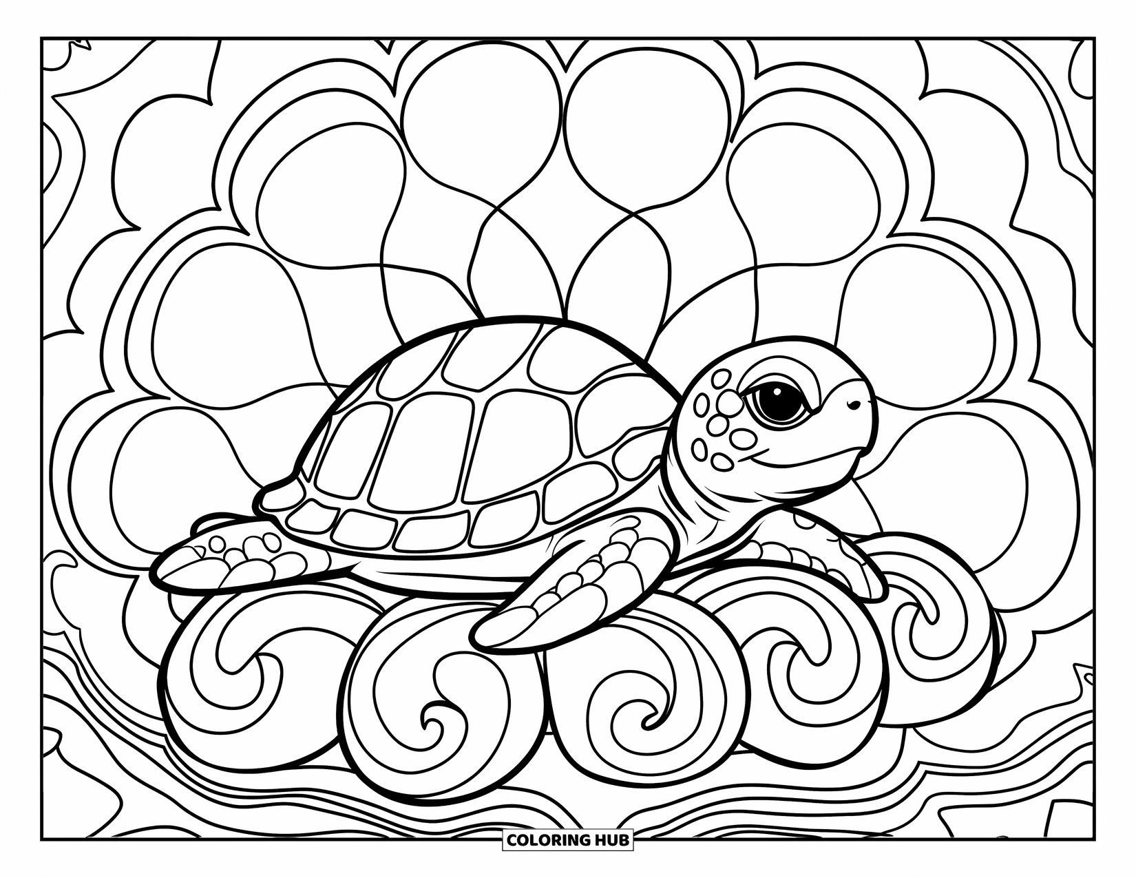 Baby Turtle Coloring Page for Adults: A turtle lays on spiral shells framed by mandala patterns and bold lines
