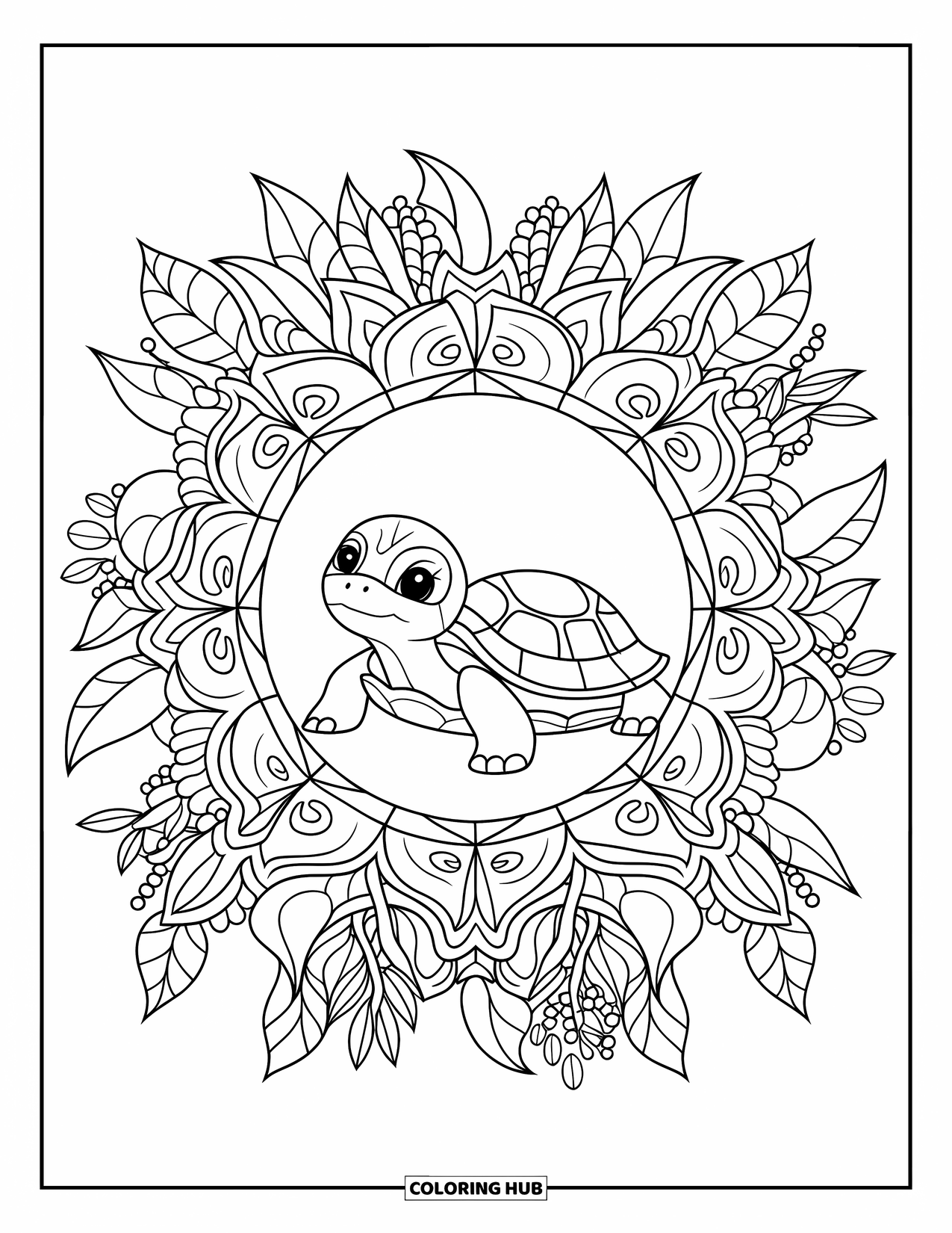 Baby Turtle Coloring Page for Adults: A turtle lies in a detailed mandala of flowers and leaves with a clear white background
