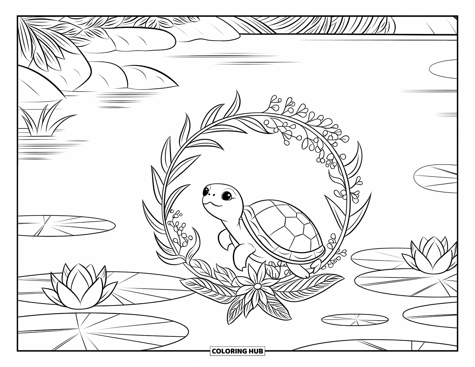 Baby Turtle Coloring Page for Adults: A turtle nestles in a lily and vine wreath beside a rocky, green lakeside