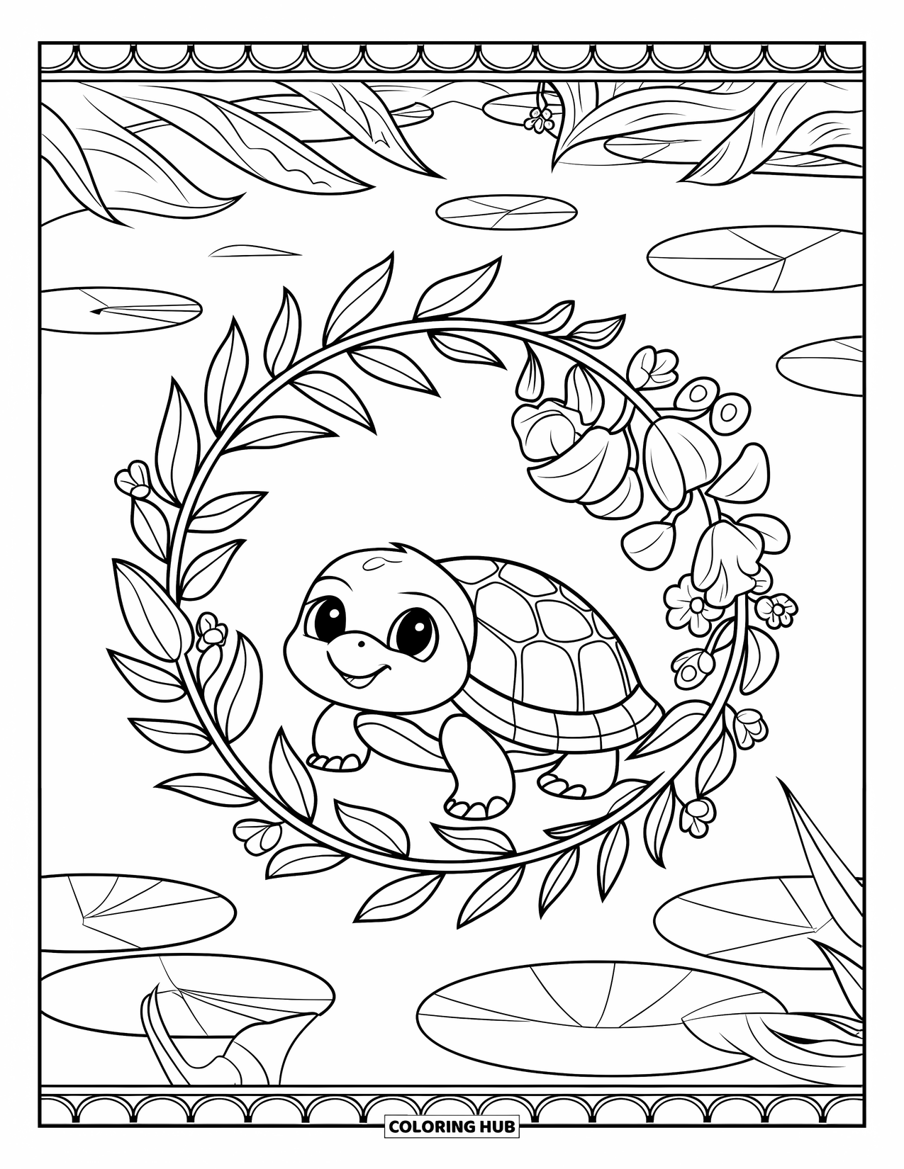 Baby Turtle Coloring Page for Adults: A turtle rests among aquatic flowers and swirling leaves beside a calm pond
