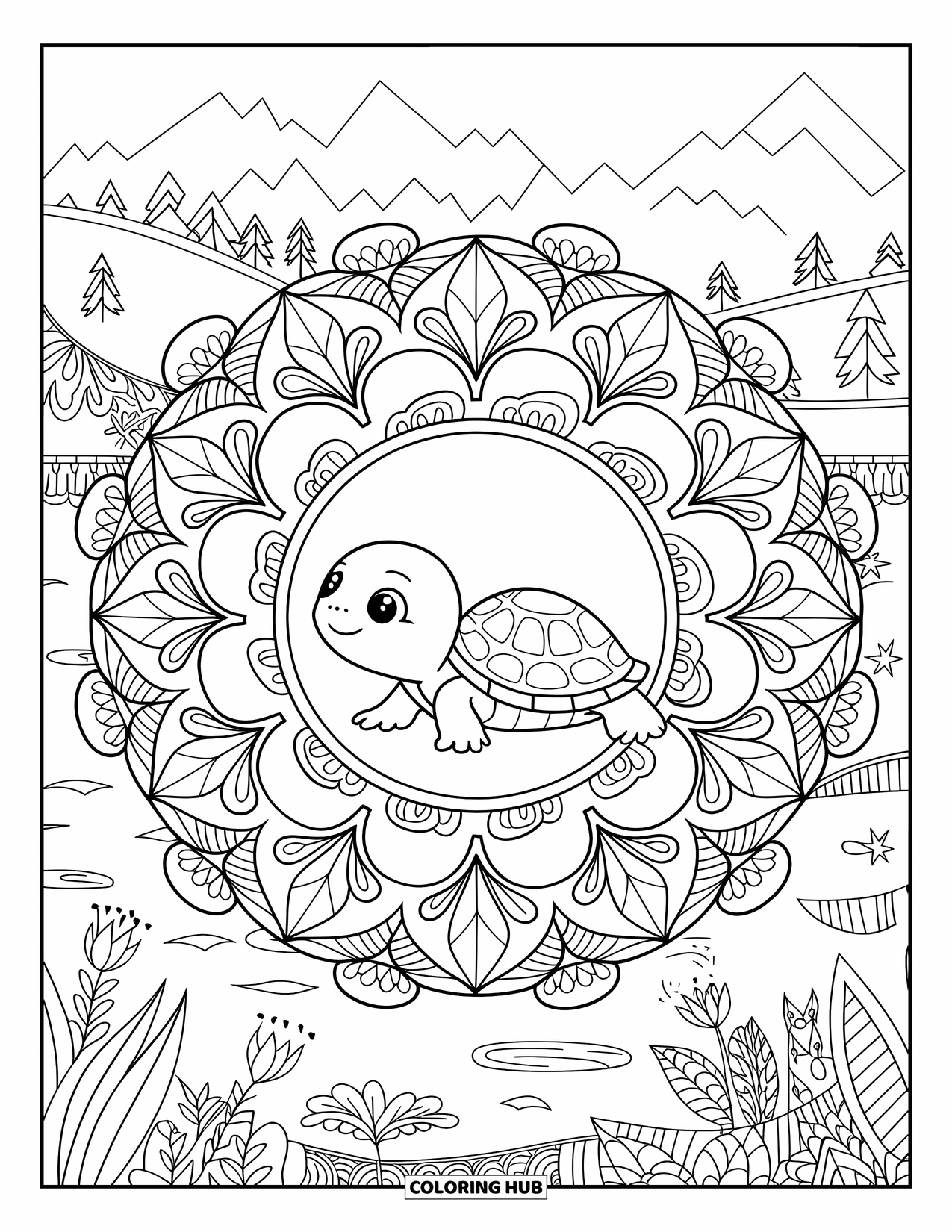 Baby Turtle Coloring Page for Adults: A turtle sleeps in the heart of a mandala filled with vines and flower patterns