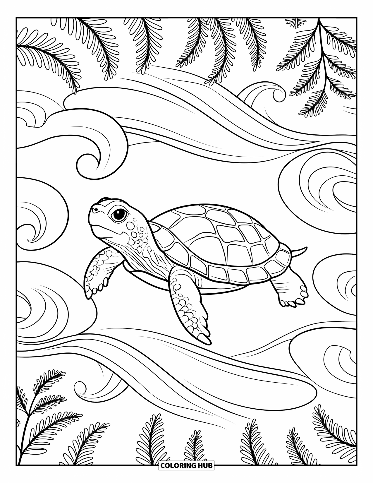 Baby Turtle Coloring Page for Adults: A turtle swims in circular waves surrounded by fern-like plants and swirling patterns
