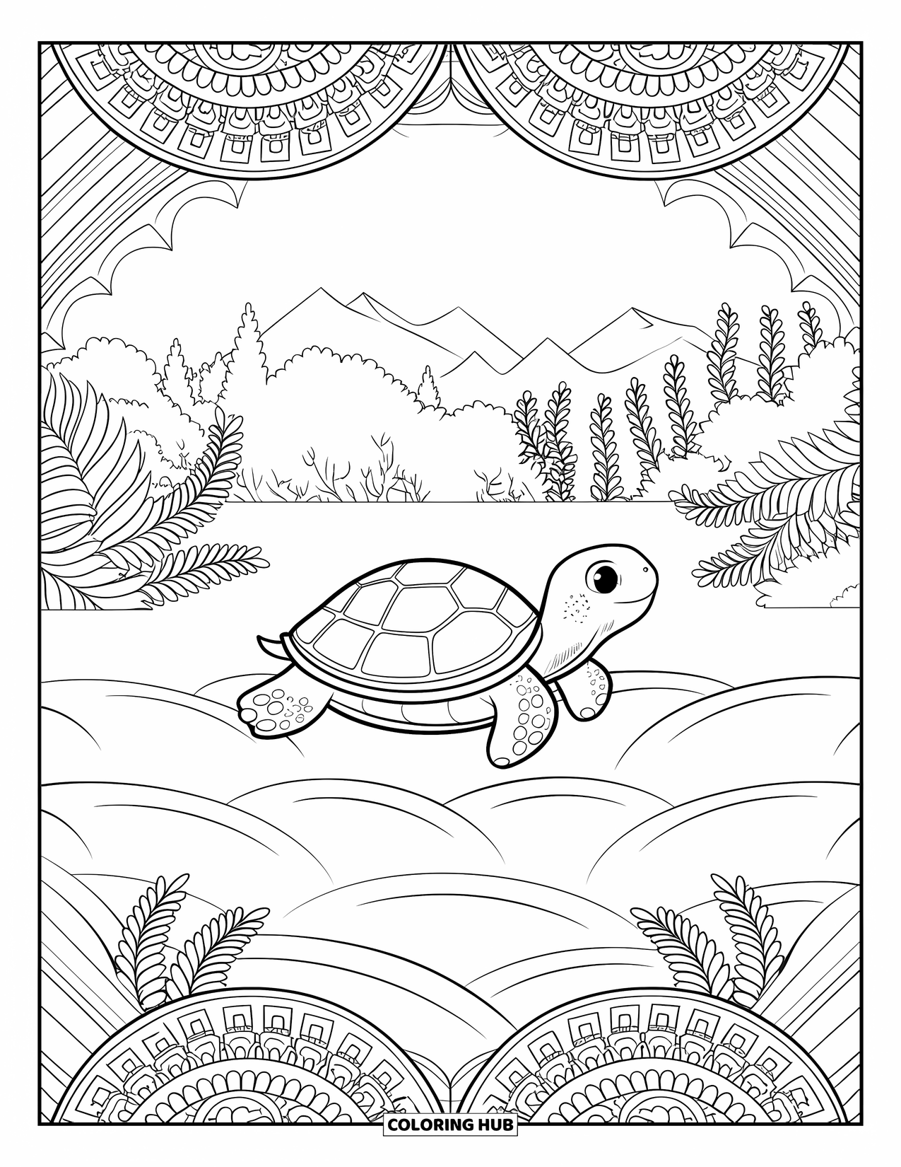 Baby Turtle Coloring Page for Adults: A turtle swims in ornate waves, surrounded by ferns and mountain scenery