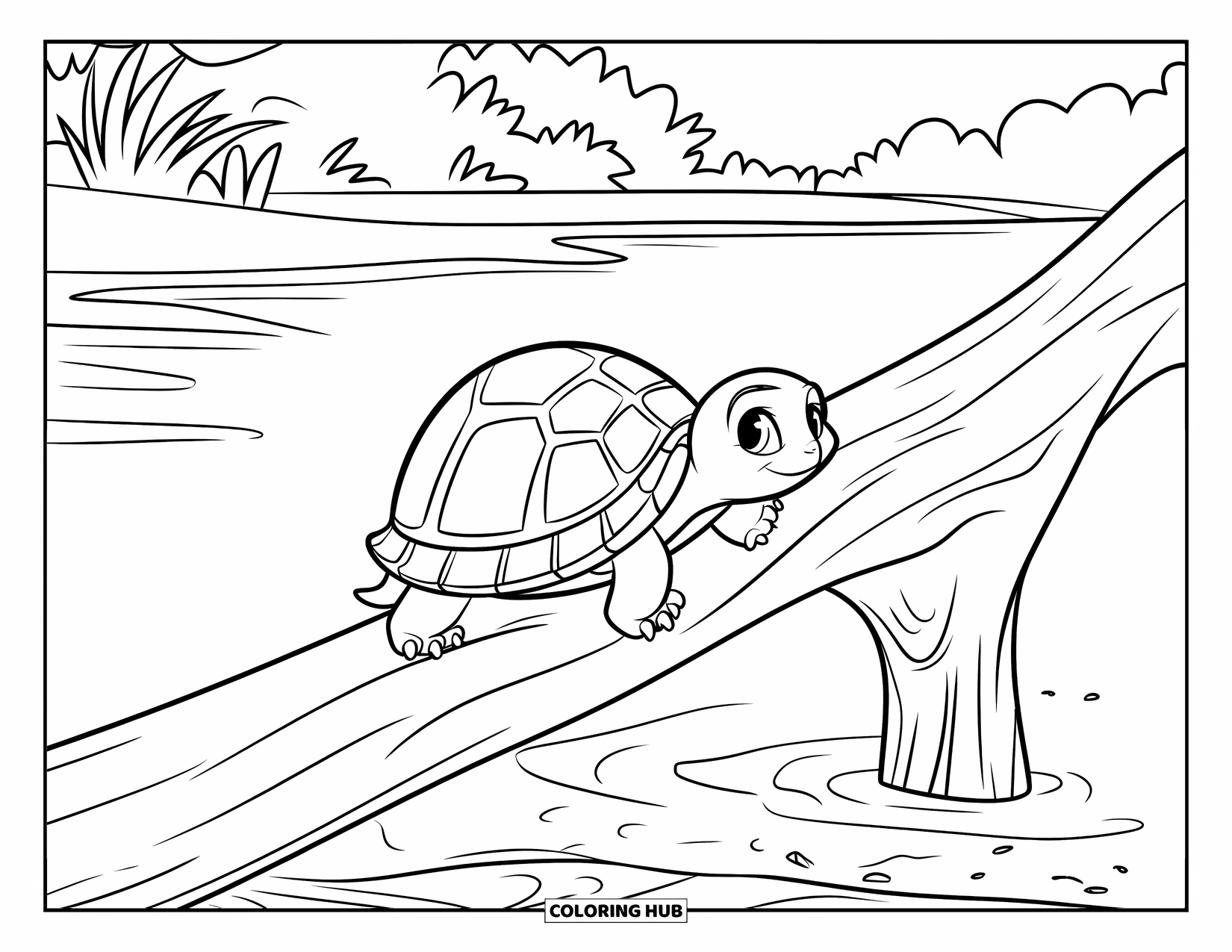 Baby Turtle Coloring Page for Kids: A baby turtle climbs onto driftwood surrounded by lush scenery and blue skies