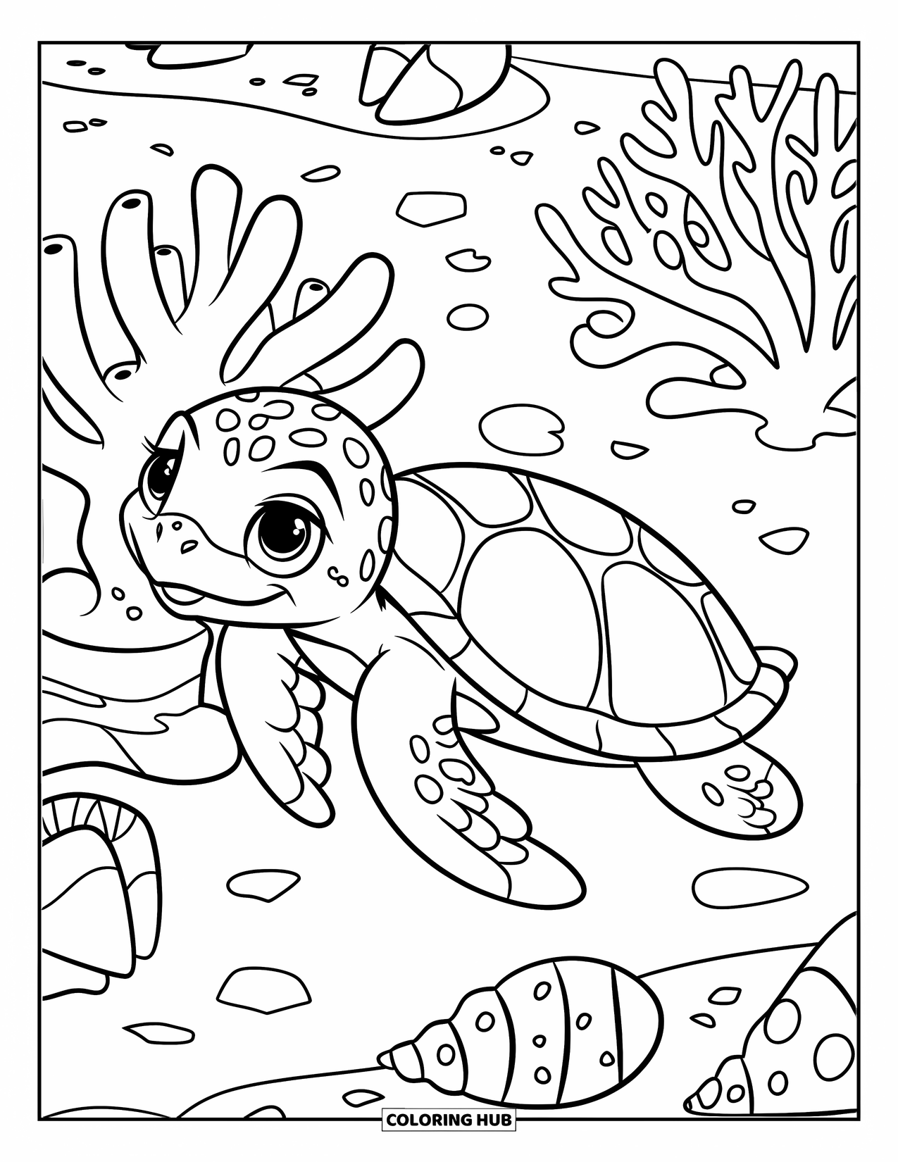 Baby Turtle Coloring Page for Kids: A baby turtle explores a coral reef with shells nearby