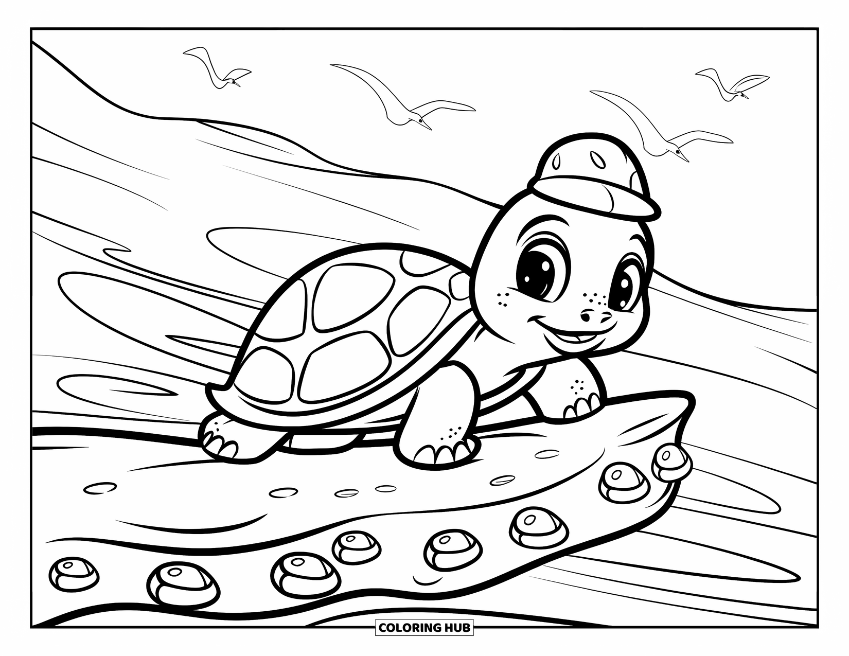 Baby Turtle Coloring Page for Kids: A baby turtle in a hat scales a smooth ledge with seagulls and waves nearby