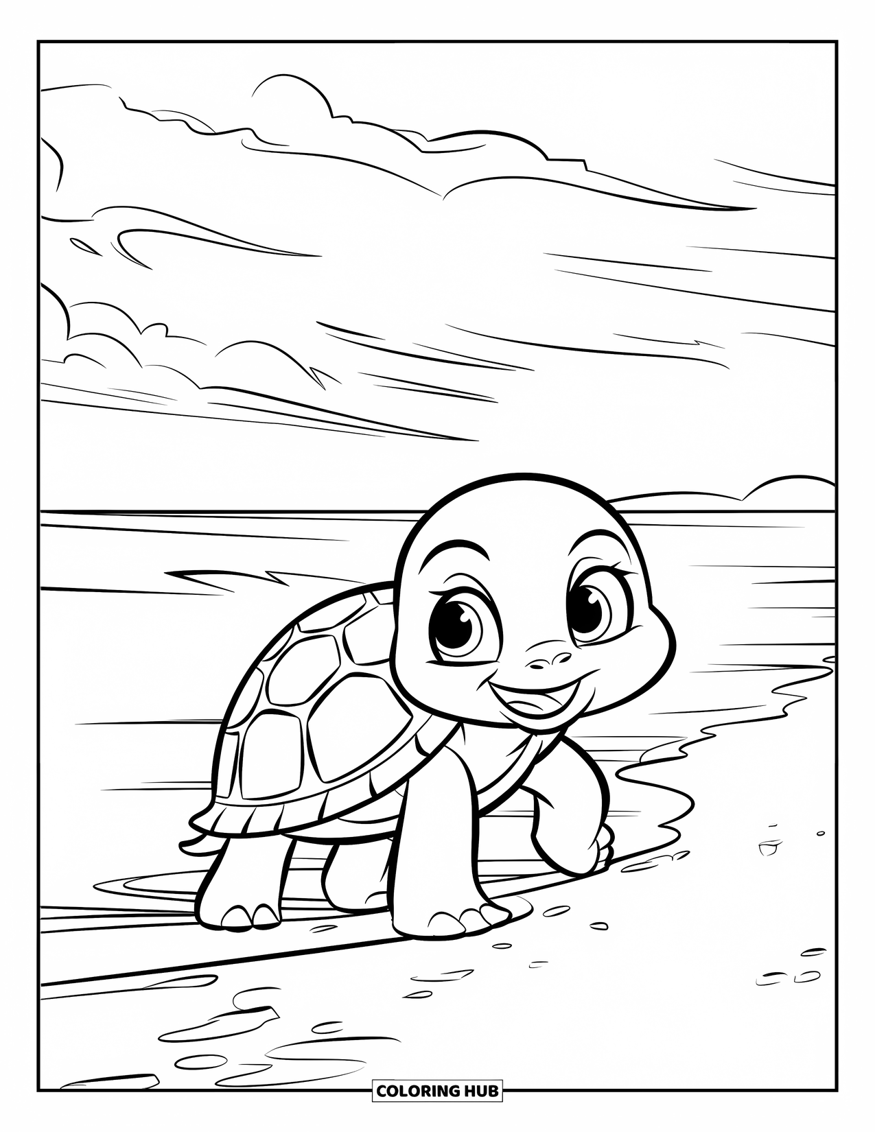 Baby Turtle Coloring Page for Kids: A baby turtle leaves tracks in the sand as it heads into the sunset waves