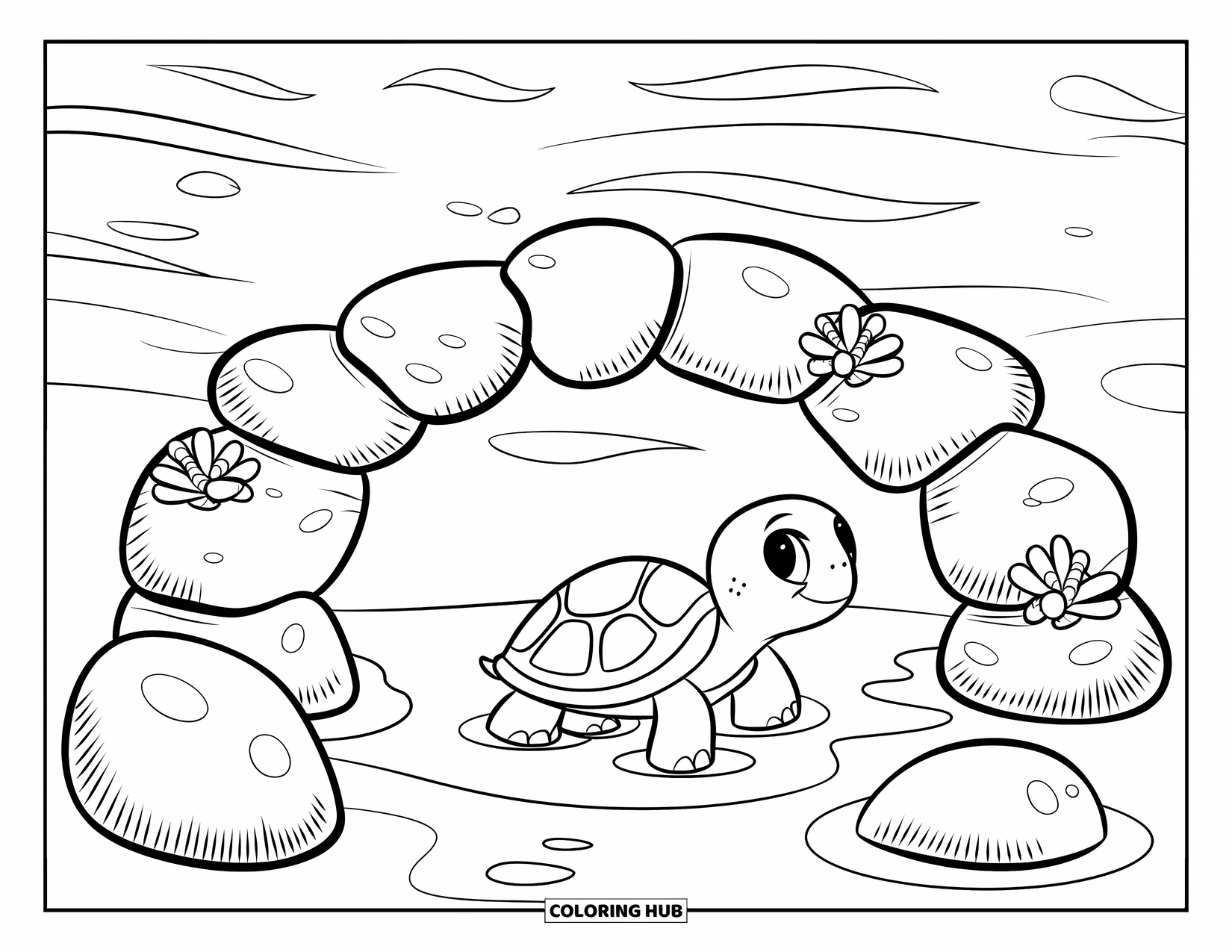 Baby Turtle Coloring Page for Kids: A baby turtle passes under a stone bridge with sea anemones and gentle ocean waves