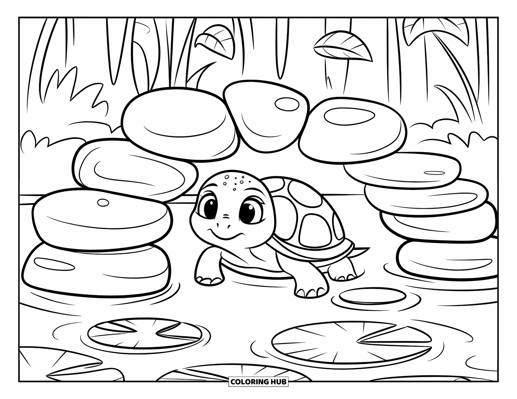 Baby Turtle Coloring Page for Kids: A baby turtle sits on stones beneath a curved river rock bridge and lily pads