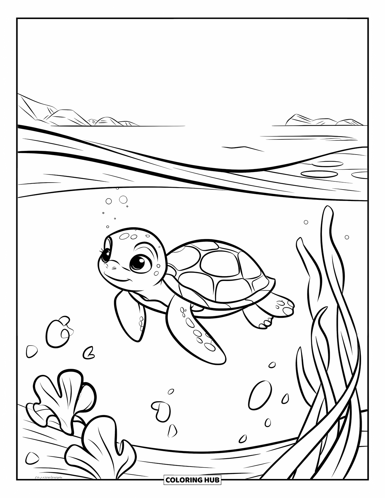 Baby Turtle Coloring Page for Kids: A baby turtle swims with outstretched legs in a kelp-filled ocean
