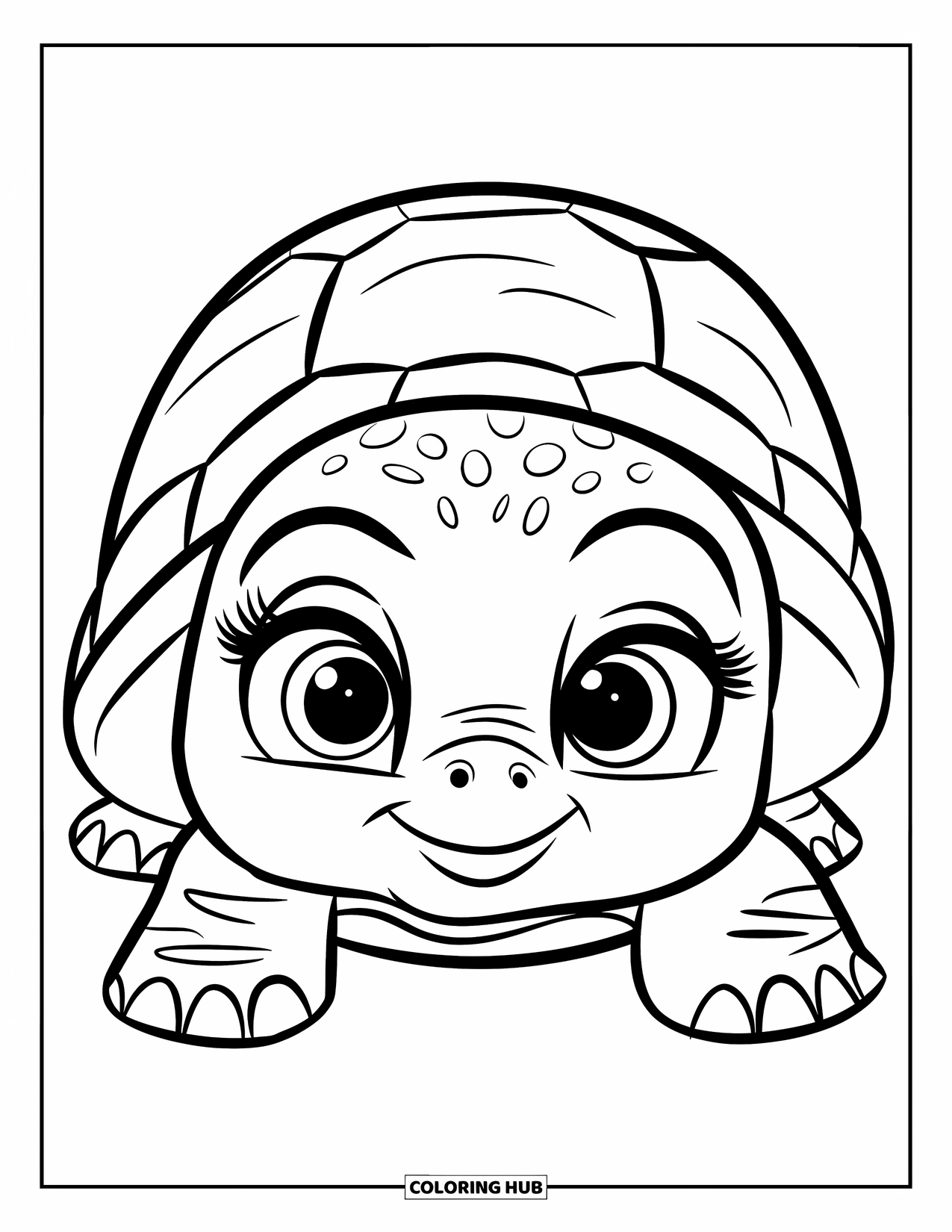 Baby Turtle Coloring Page for Kids: A close-up turtle with wide eyes and a textured shell rests on a blank background
